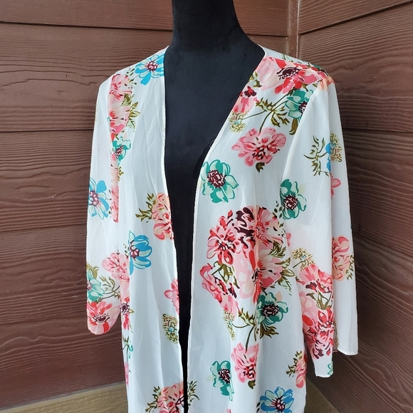 White Coral Blue Green Floral Open Front Kimono Women's Size Medium NWOT - Picture 5 of 13